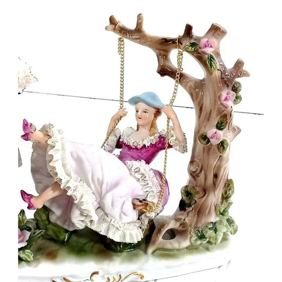 Romantic Dresden Lace Figurine Sculpture Man Woman Tree Swing Capodimonte - Picture 14 of 16